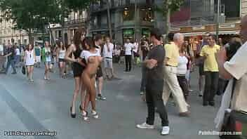 Big tits brunette Latina slut Yoha Galvez naked walked in public streets by Princess Donna Dolore and James Deen then pussy and anal hard fucked by big cock in various places video